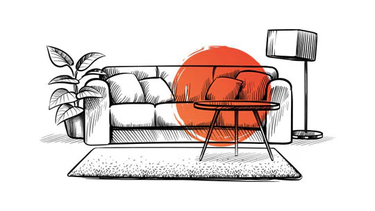 sofa placement for custom 3 seater sofa design in sketch format with a center table