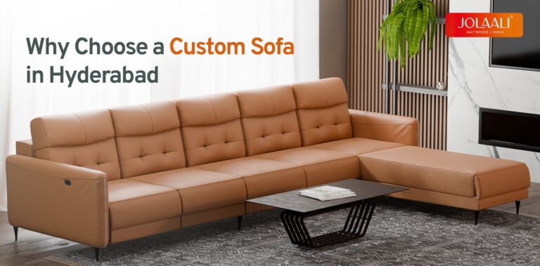 why choose a custom sofa in hyderabad from Jolaali text with a custom-made brown lounger sofa from jolaali