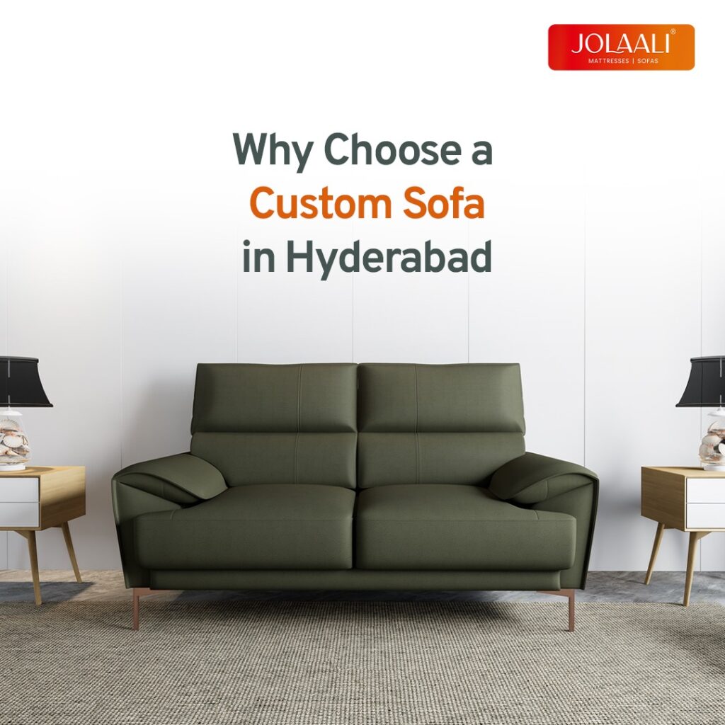 Why Choose a Custom Sofa in Hyderabad from Jolaali text, showing a beautiful green two seater sofa