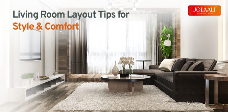 living room layout tips for style & comfort text with a beautiful sofa, tv cabinet and coffee table with huge floor to celing french doors in a living room